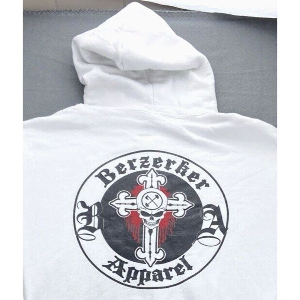 Jerzees White Hoodie with Skull and Cross Design